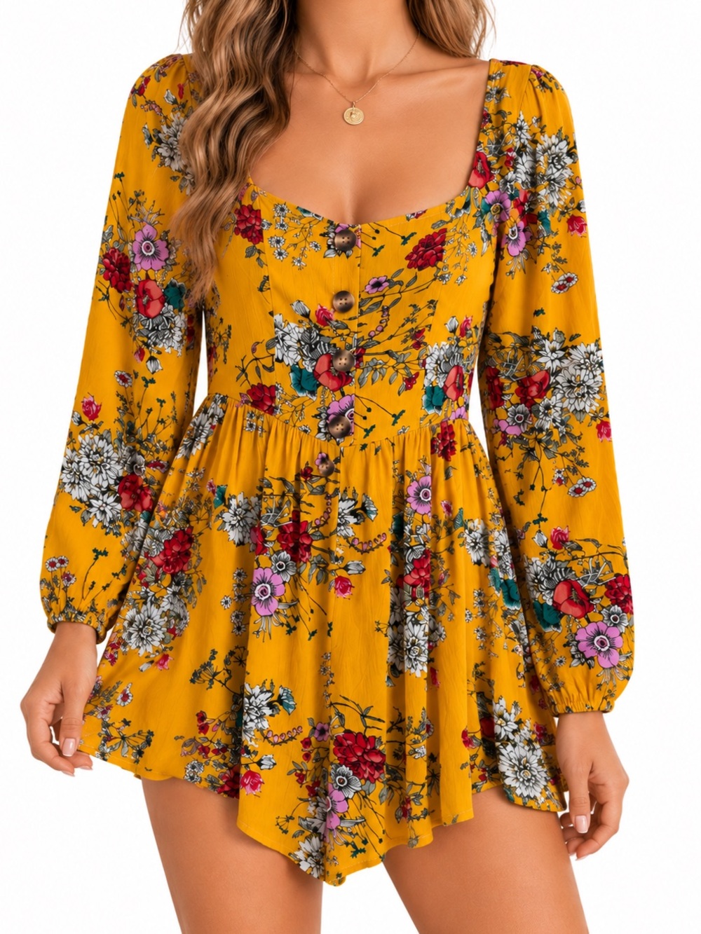 NWT Zaful Mustard Floral Long-Sleeve Shorts Romper size 8